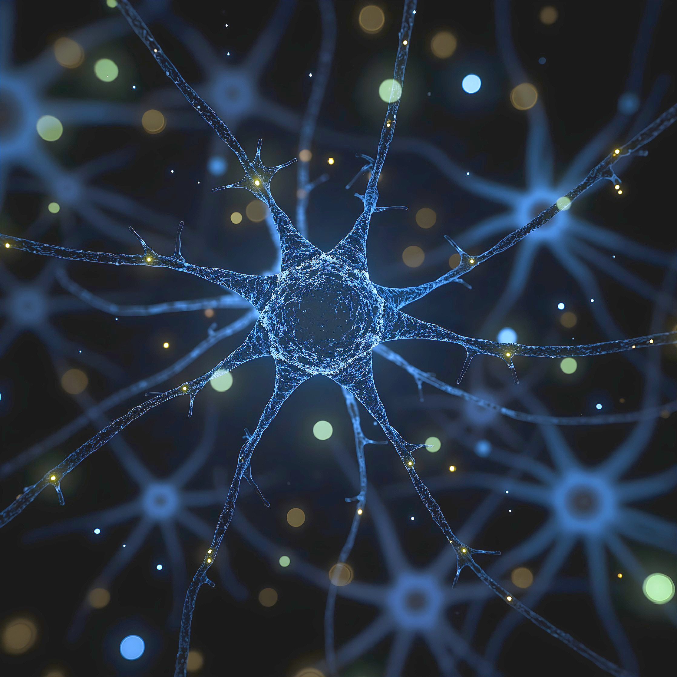 Close-up View of a Neuron with Glowing Particles