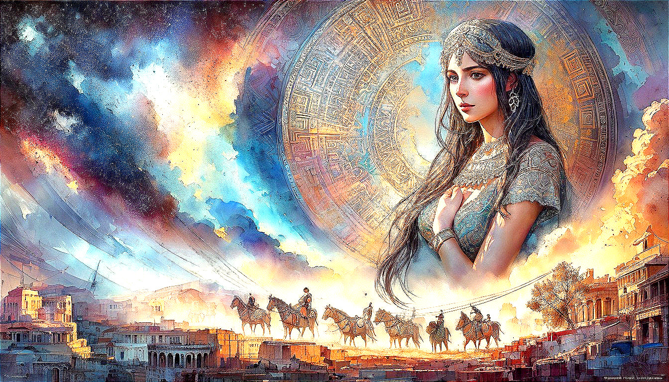 Captivating Woman in Ornate Attire with Mystical Background