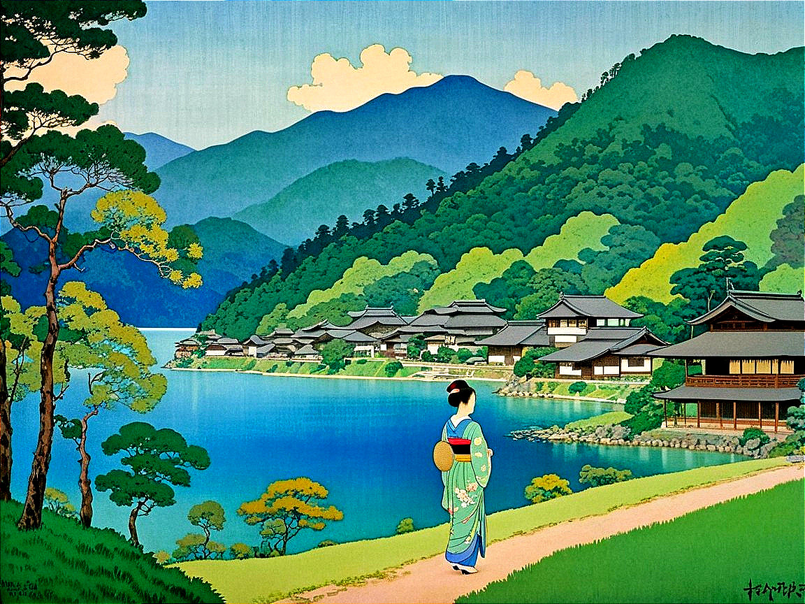 Tranquil Lake Surrounded by Mountains and Japanese Houses