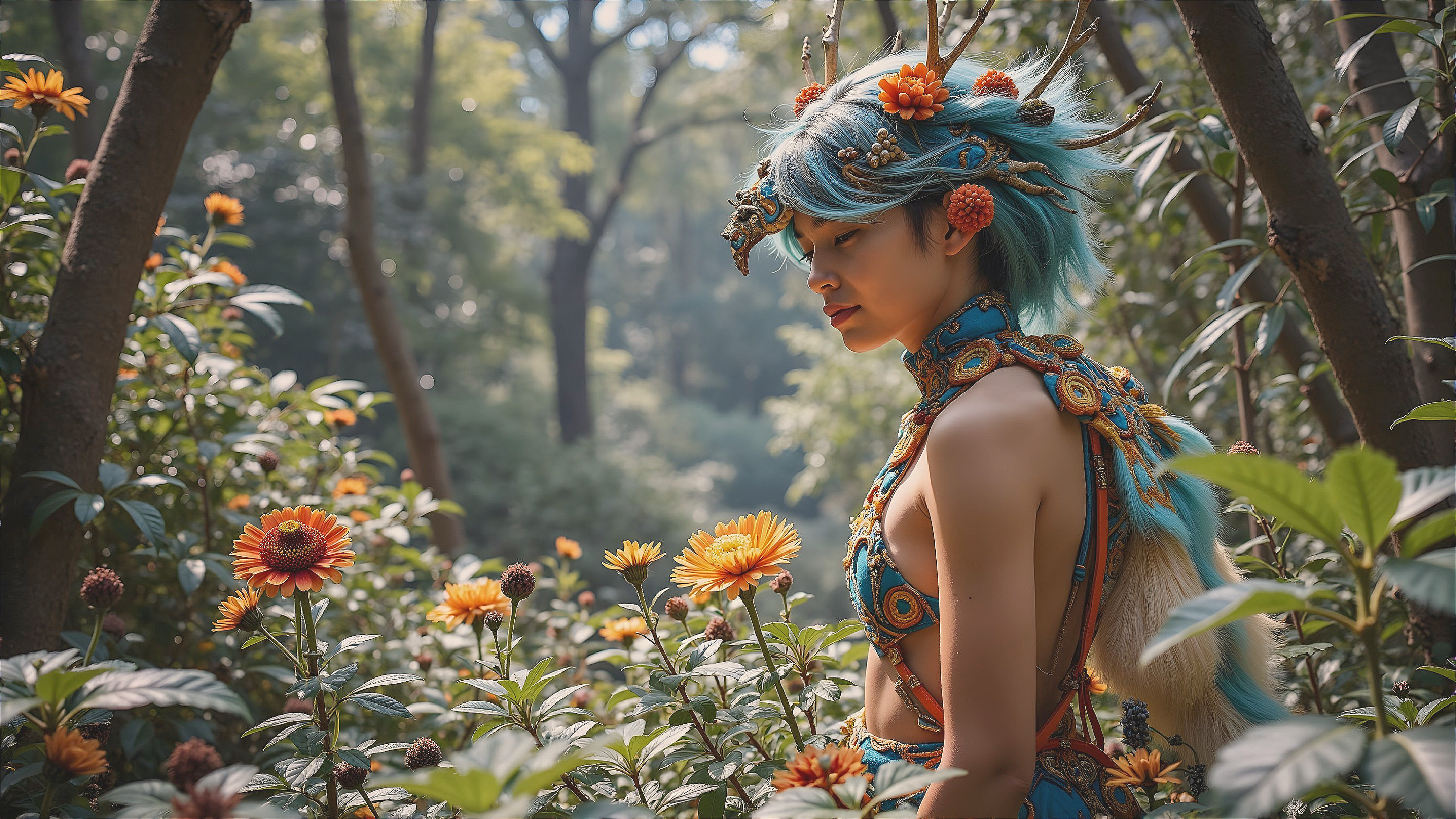 Nature-Inspired Outfit Among Lush Greenery and Flowers