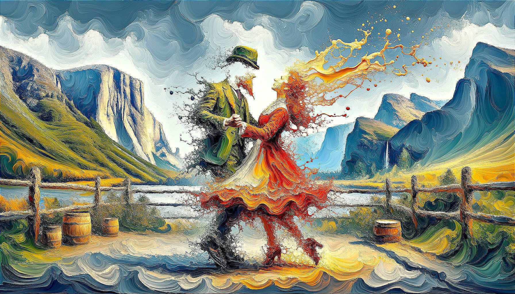 Couple Dancing in a Colorful Landscape Scene