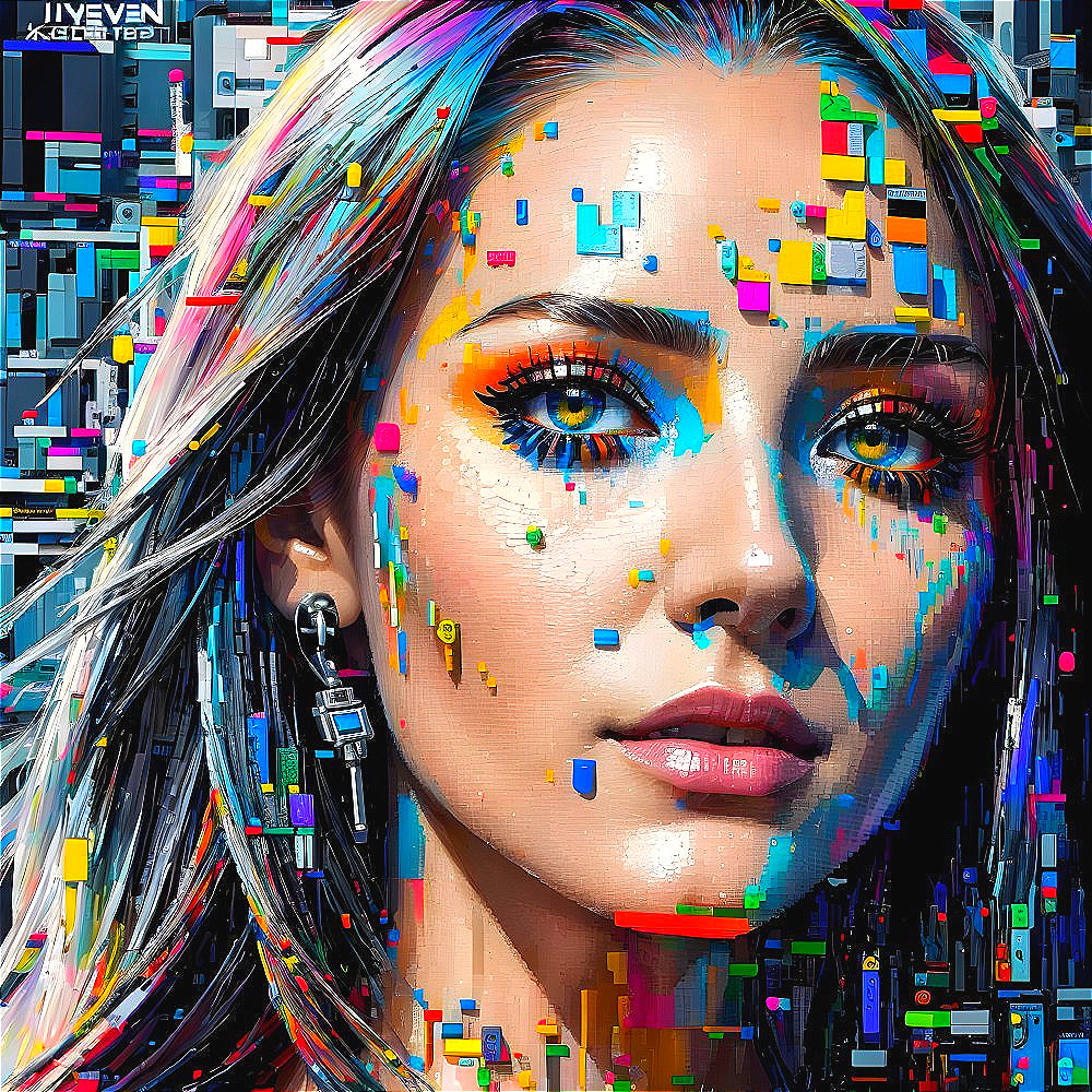 Colorful digital portrait of woman with blue eyes and geometric patterns