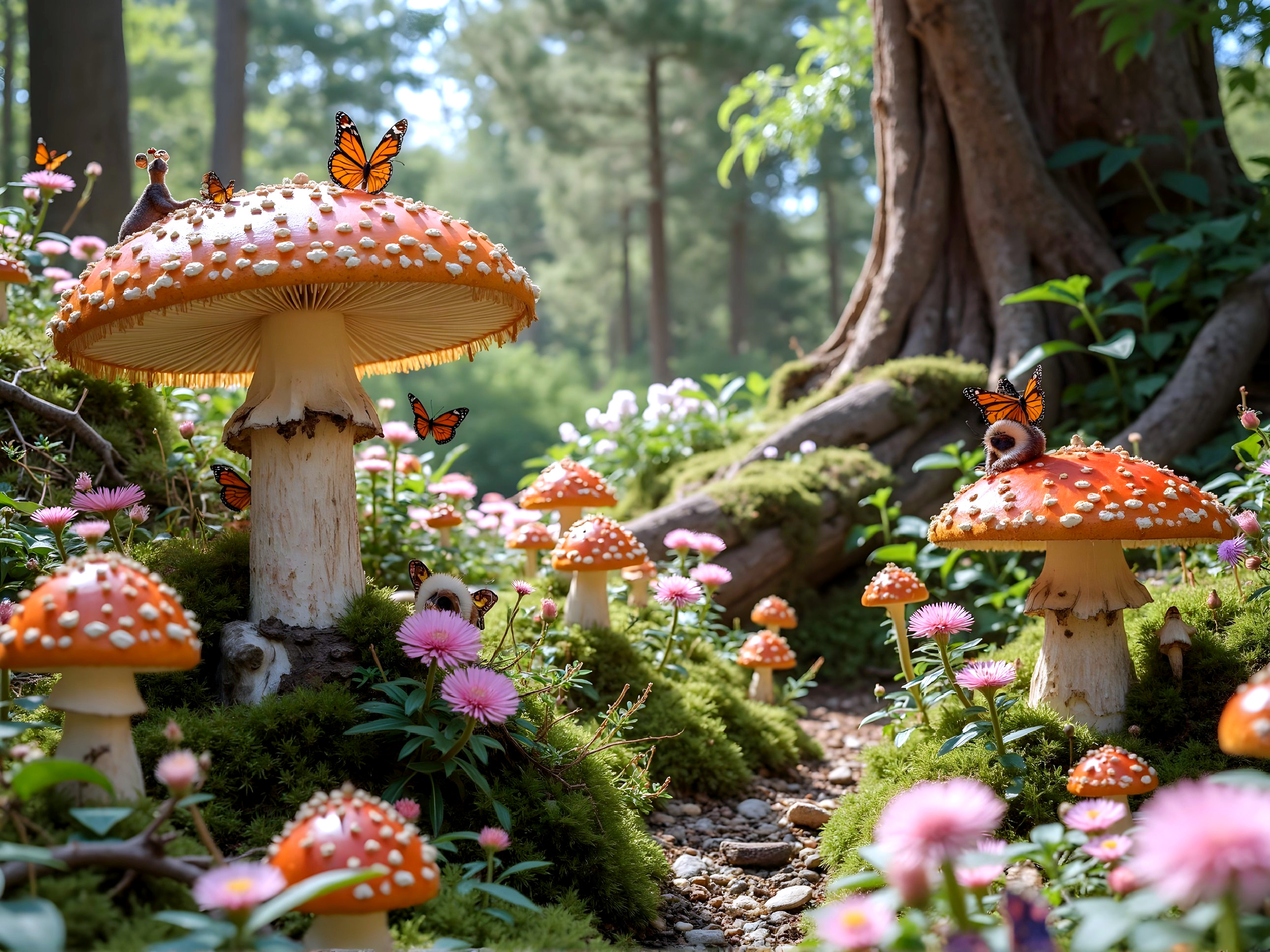 Whimsical Forest Scene with Vibrant Orange Mushrooms