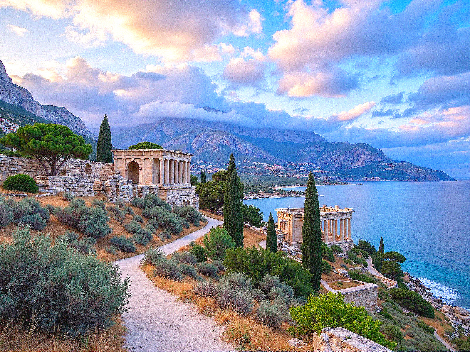 Coastal Landscape with Ancient Ruins and Mountains