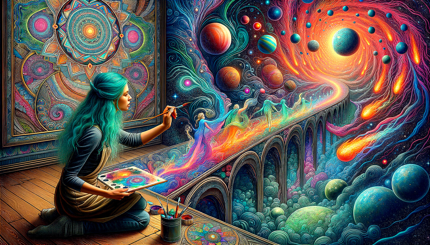 Vibrant cosmic scene painting with planets and nebulae depicted by a woman.