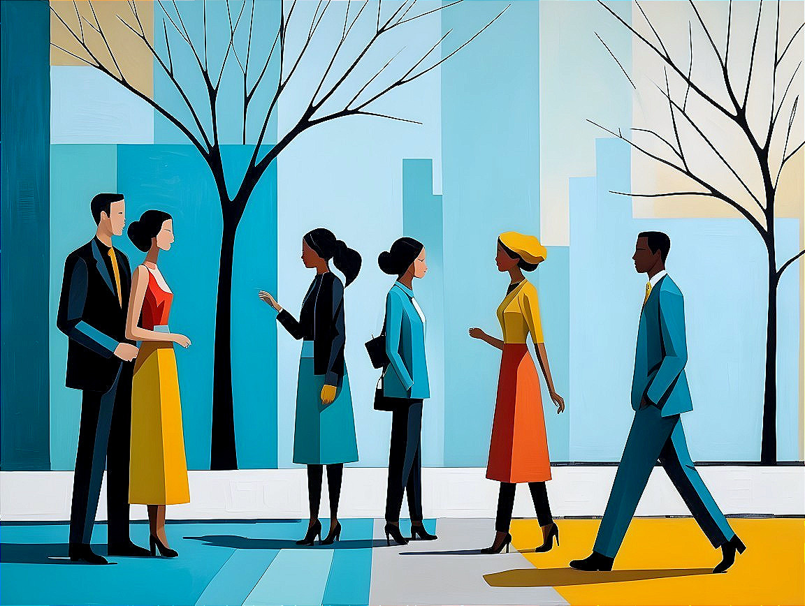 Vibrant Urban Scene with Diverse Figures and Colors