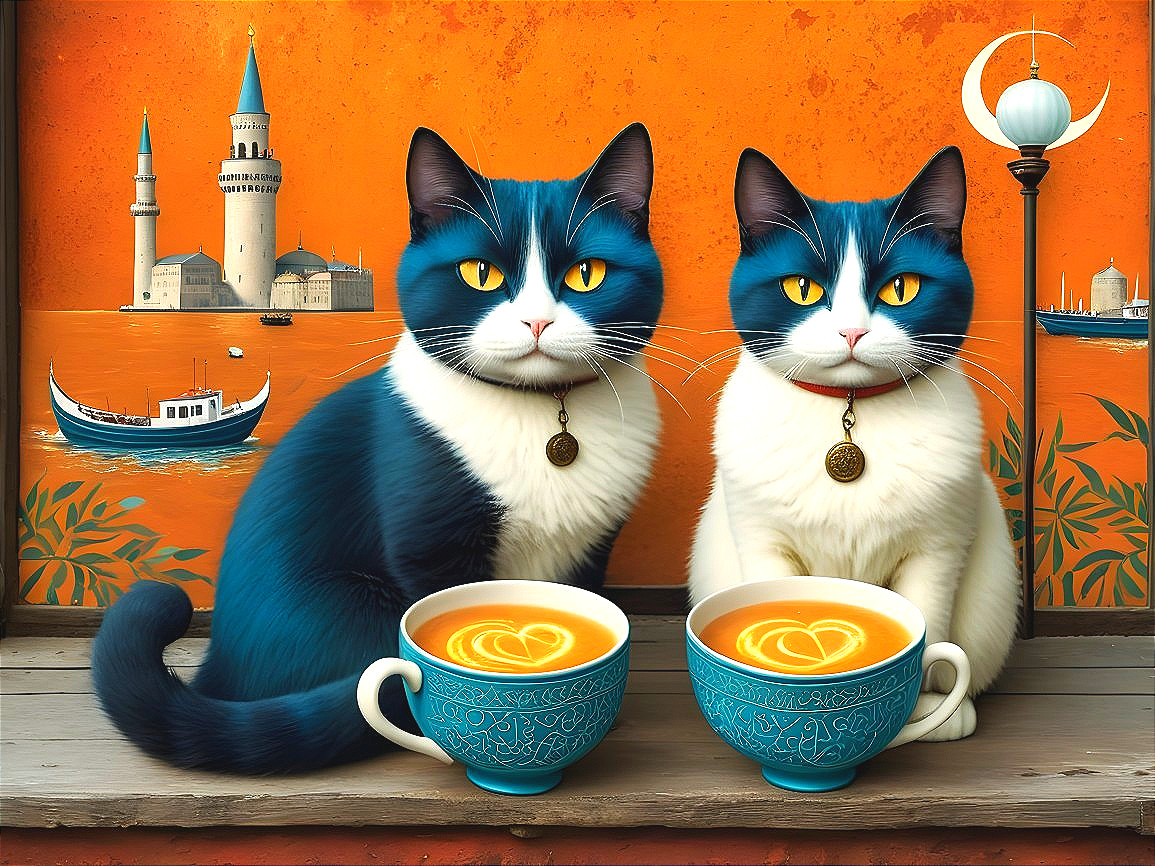 Charming Cats with Turquoise Cups in Orange Setting