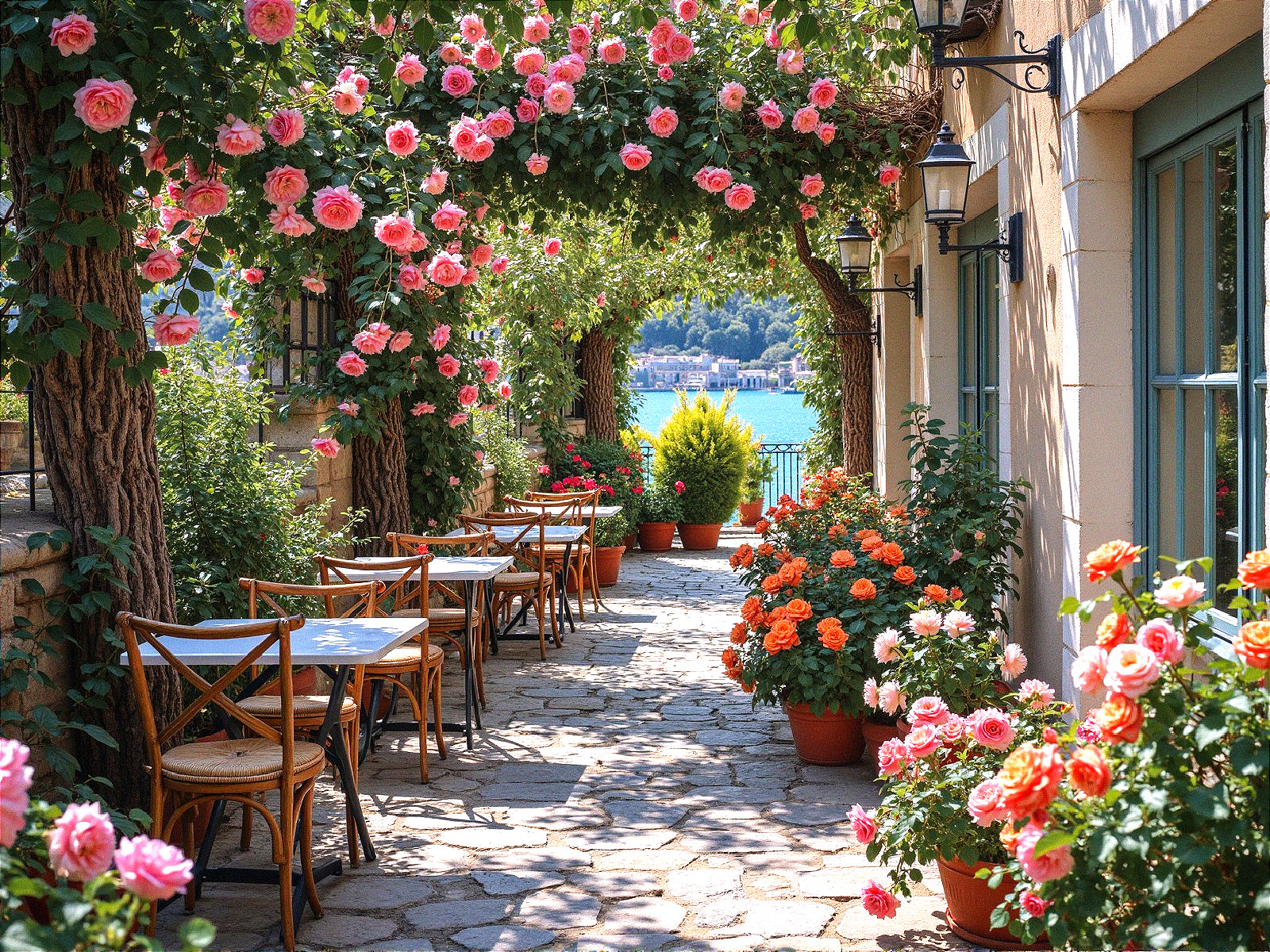 Outdoor Cafe Surrounded by Blooming Rose Bushes