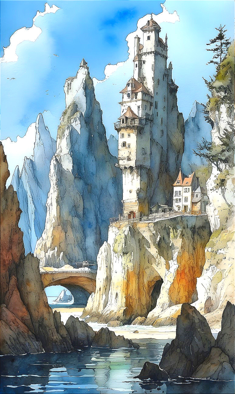 Castle Landscape with Cliffs and Serene Water View