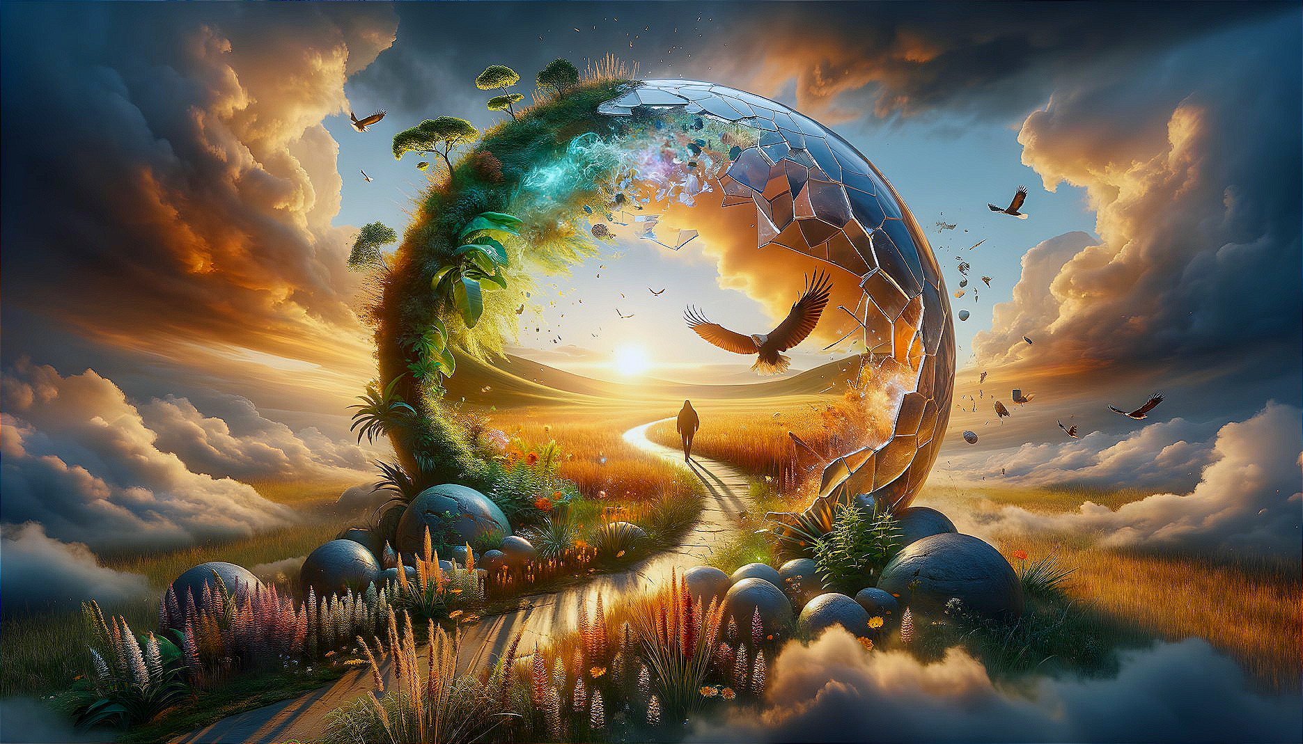 Surreal landscape with broken spherical portal, wildlife, nature, serene pathway, clouds at sunset