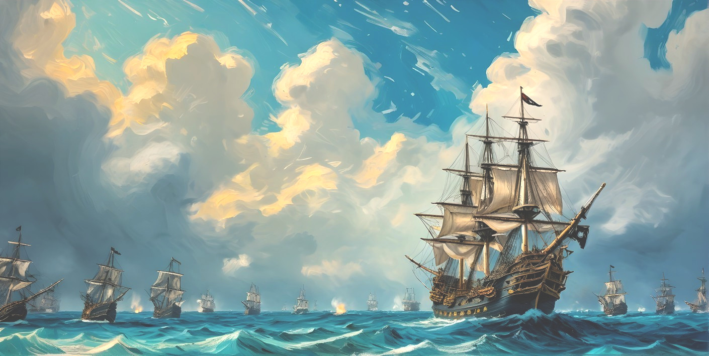 Vibrant Seascape with Pirate Ship and Dramatic Sky
