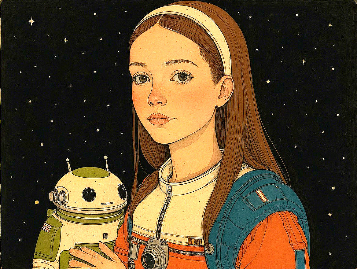 Young girl in astronaut suit with friendly robot backdrop