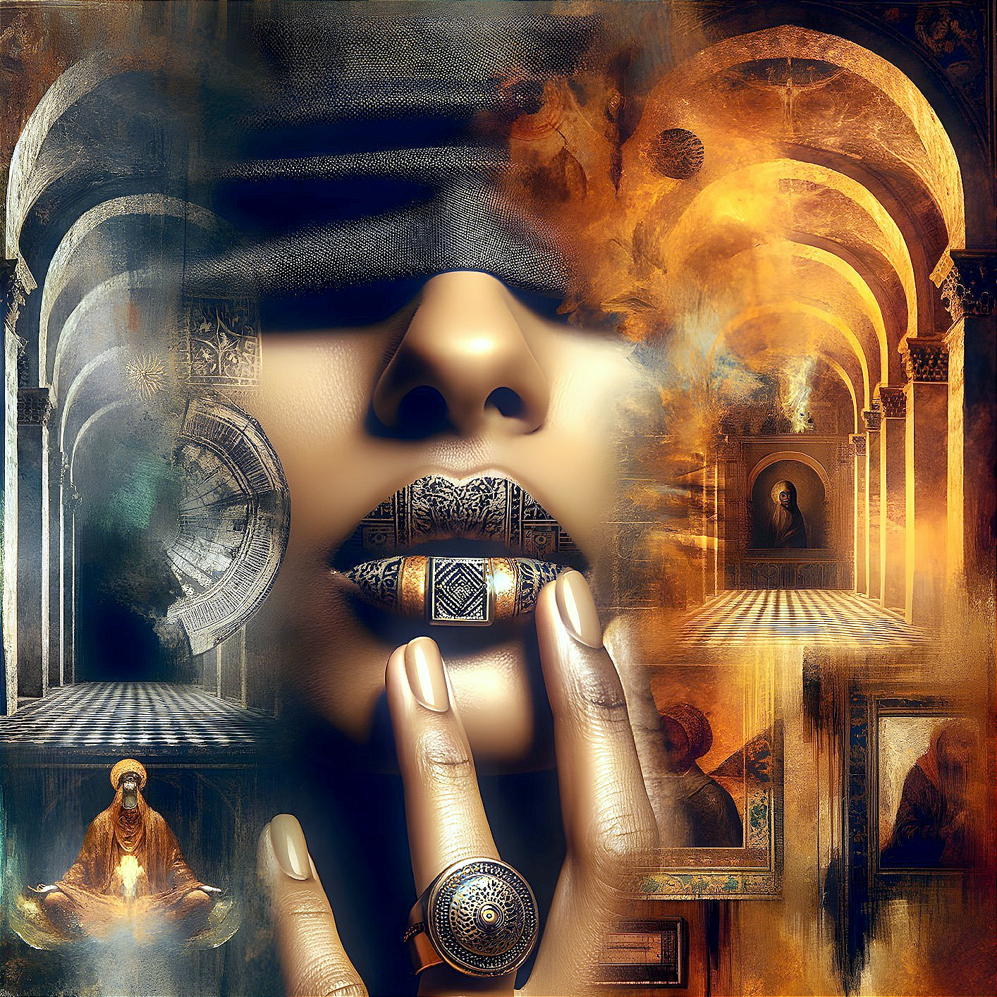 Blindfolded Woman in Contemplation with Ethereal Elements