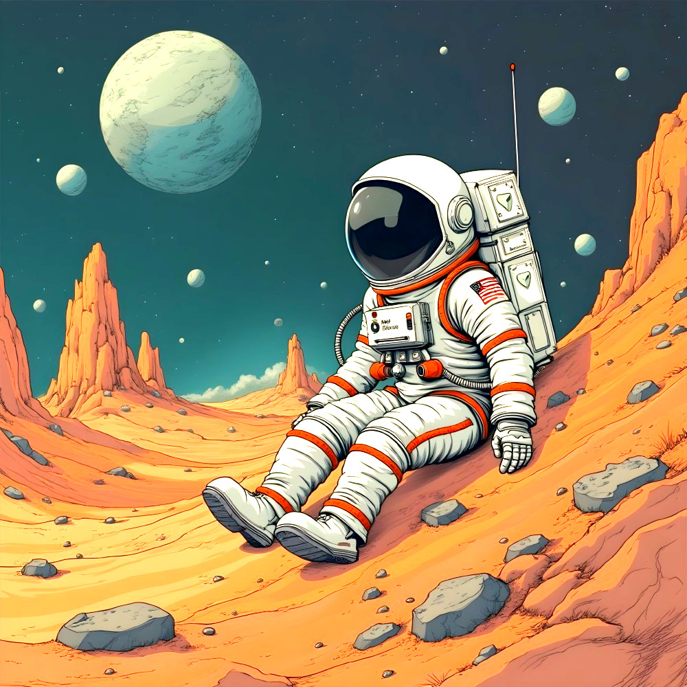Astronaut on Alien Landscape with Starry Sky and Planets
