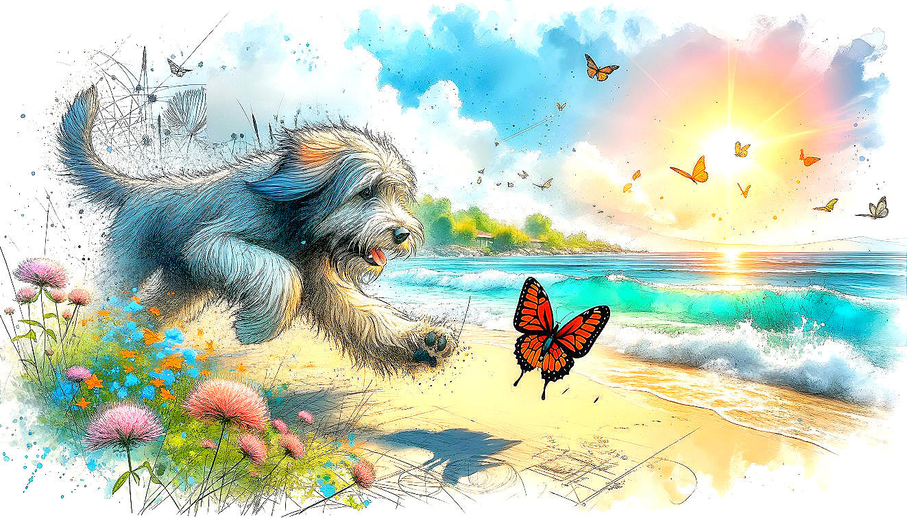 Dog Chasing Butterfly on a Scenic Beach Landscape