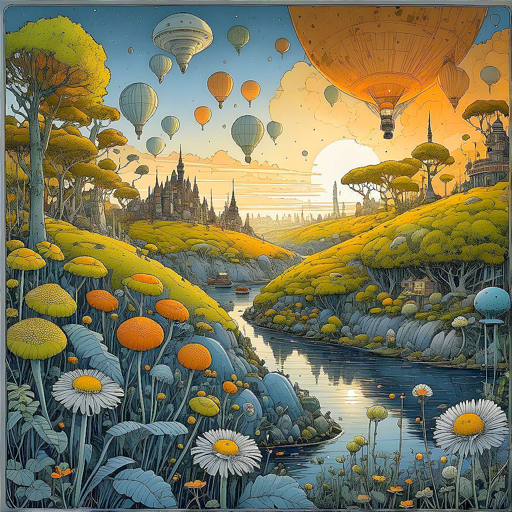 Whimsical Landscape with Castle and Hot Air Balloons