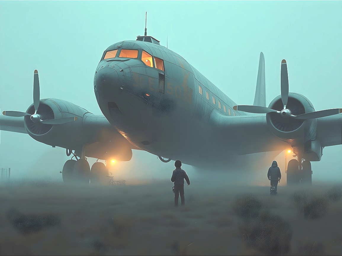 Foggy Landscape with Vintage Aircraft and Silhouettes