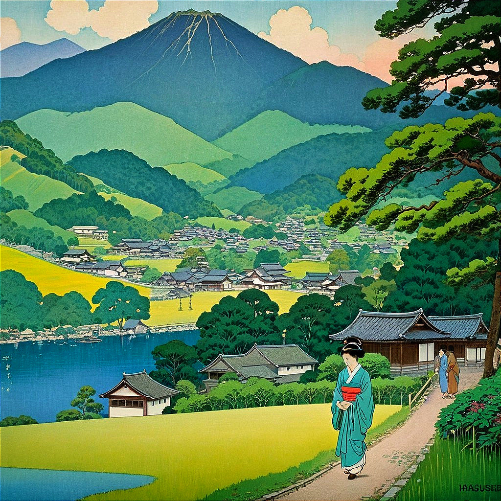 Japanese Landscape with Hills and Distant Volcano