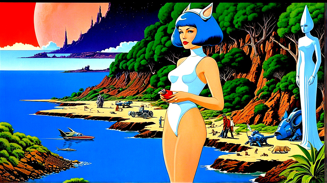 Futuristic Beach Scene with Blue-Haired Woman and Alien Landscape