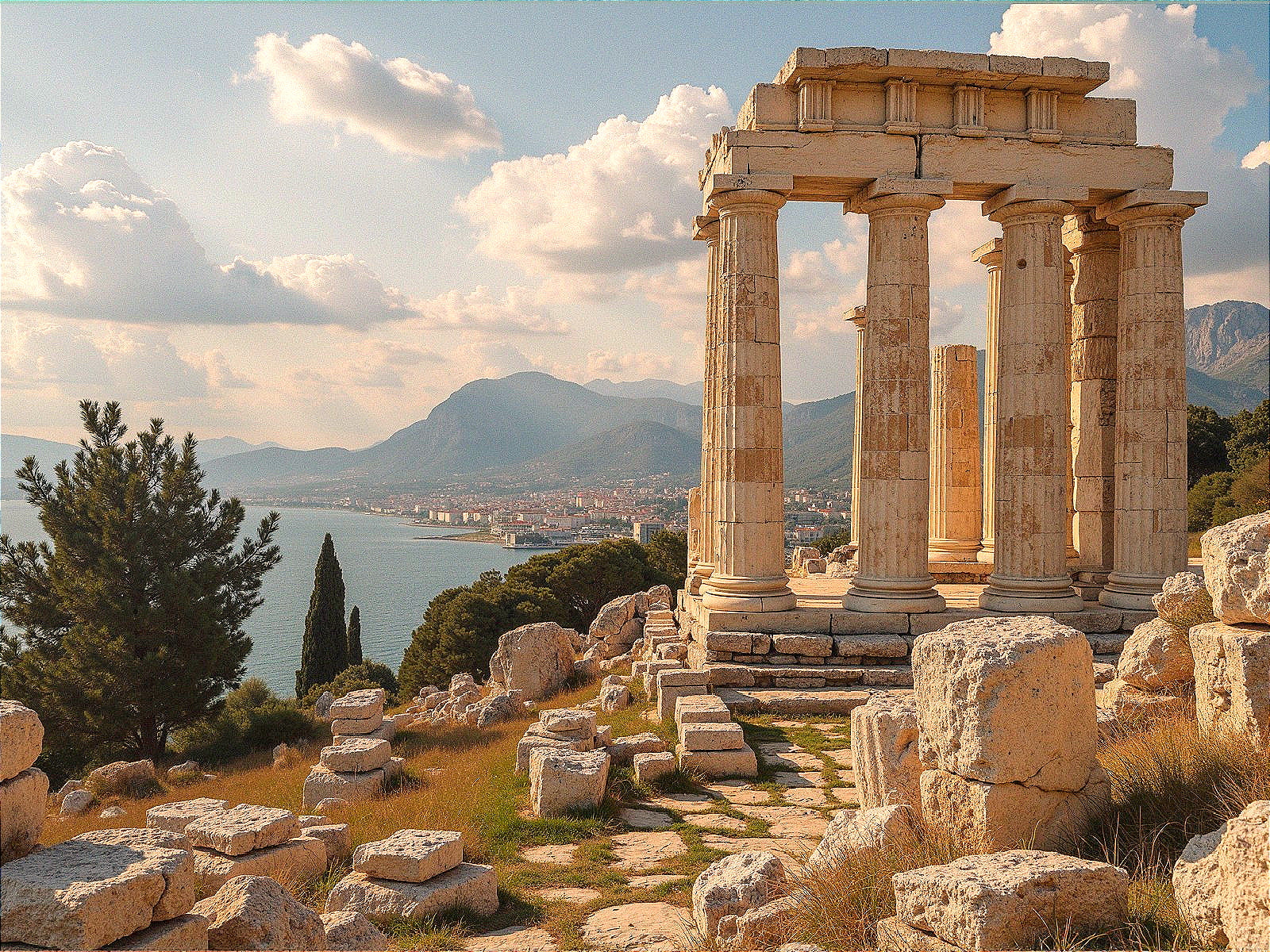 Ancient Ruins with Stone Columns and Scenic Backdrop
