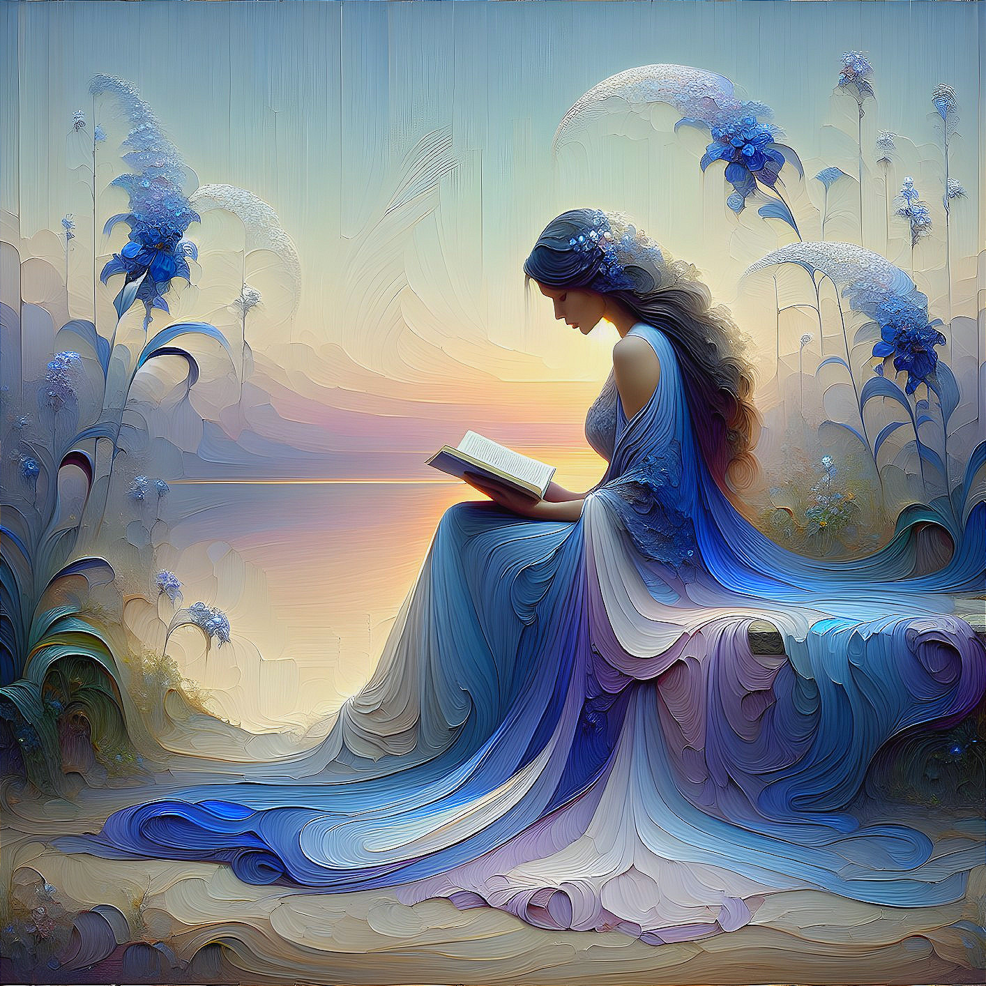 Serene figure reading by tranquil water at sunset