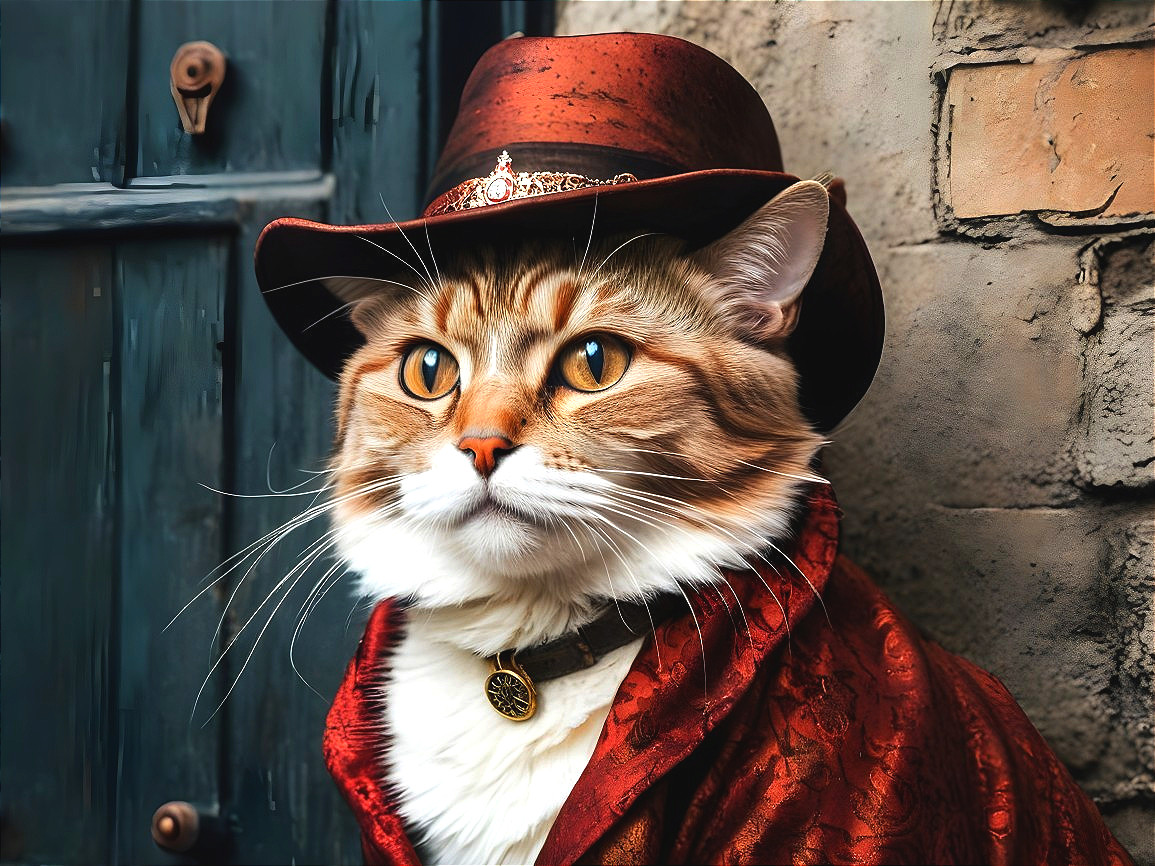 Regal Cat in Red Cloak Against Brick Wall Background