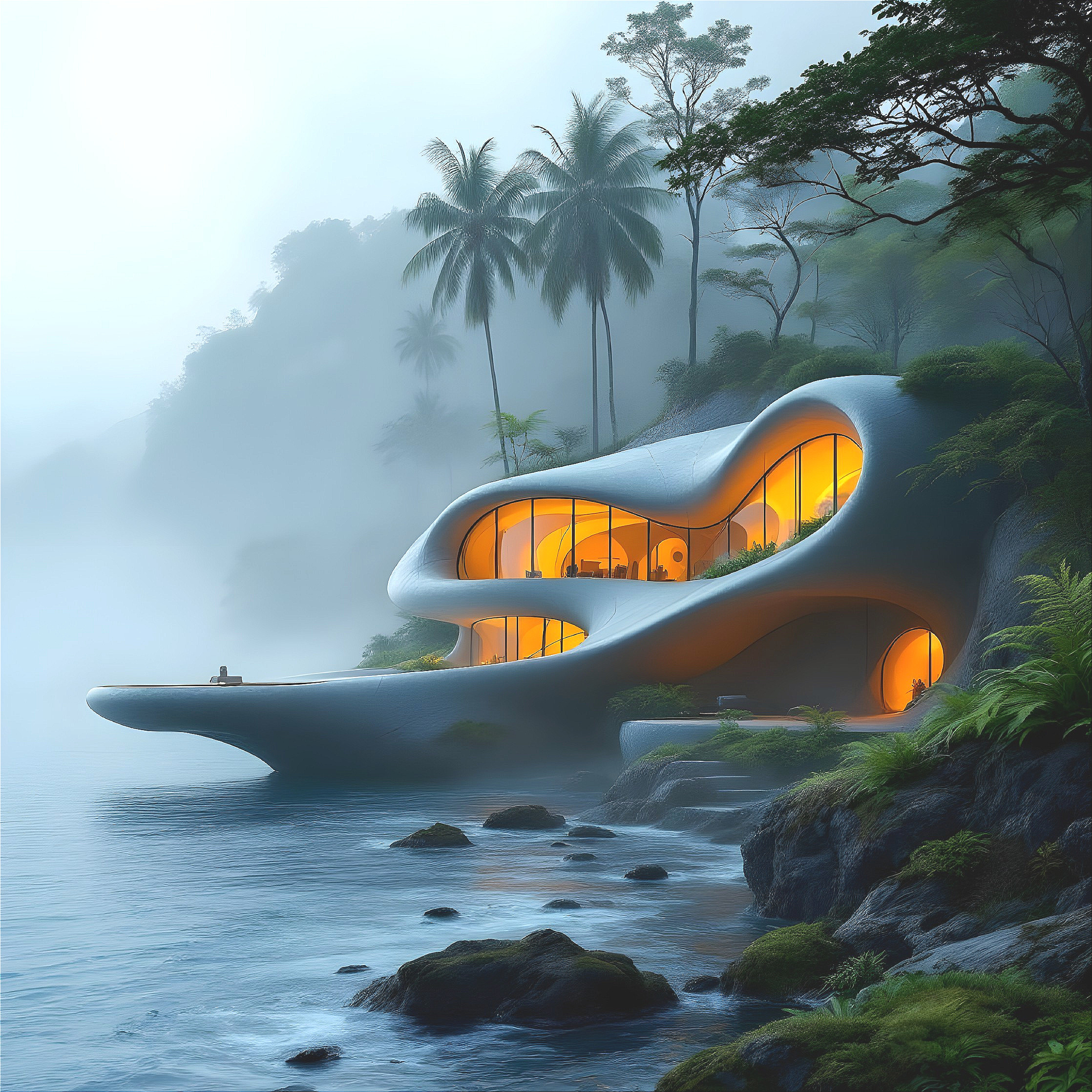 Futuristic Organic House on Rocky Coastline with Lights