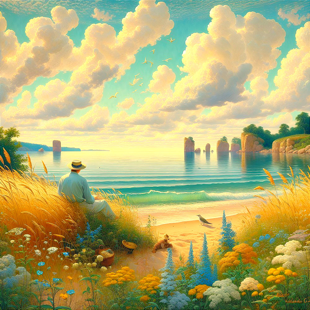 Coastal Beach Scene with Wildflowers and Tranquil Waters