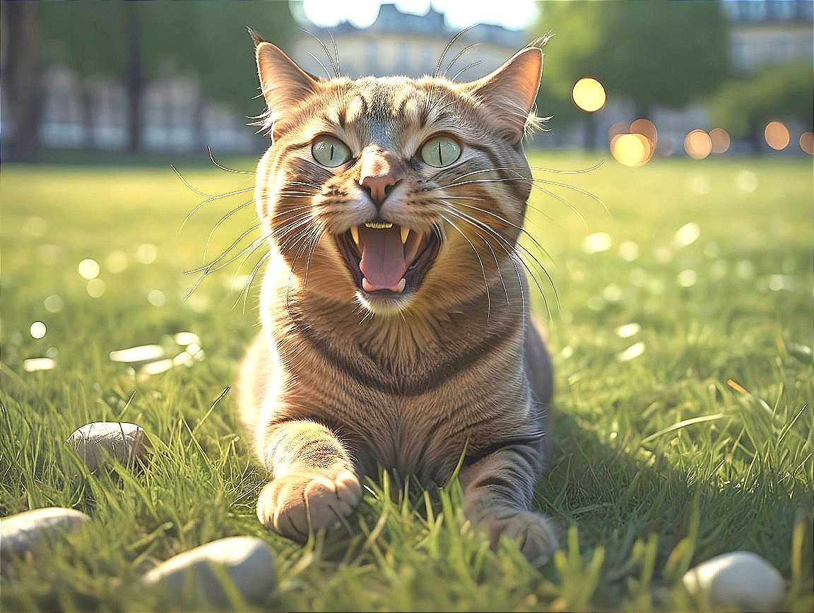 Tabby Cat on Grass with Sunlight and Greenery