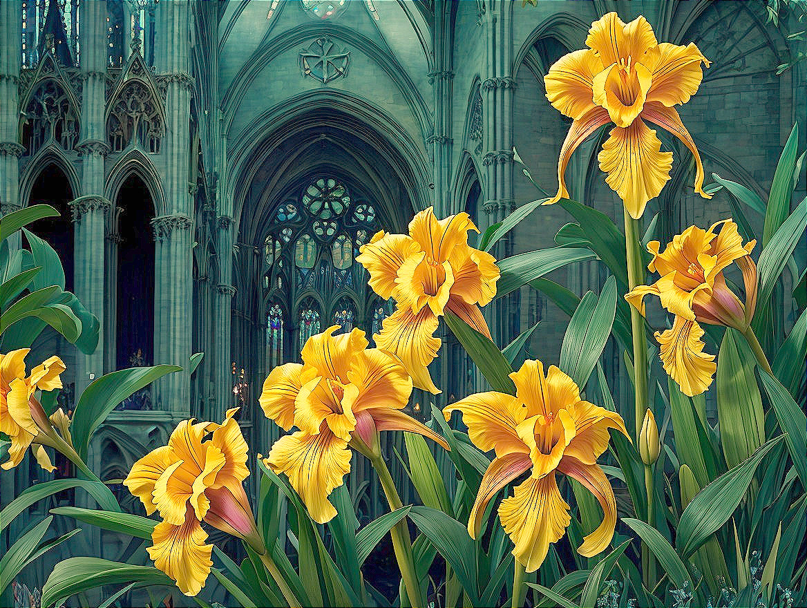 Yellow Flowers in Cathedral with Stained Glass Light