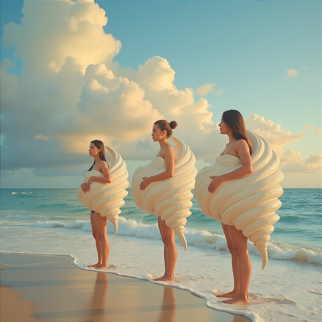 Women in Shell-Like Structures on a Serene Beach
