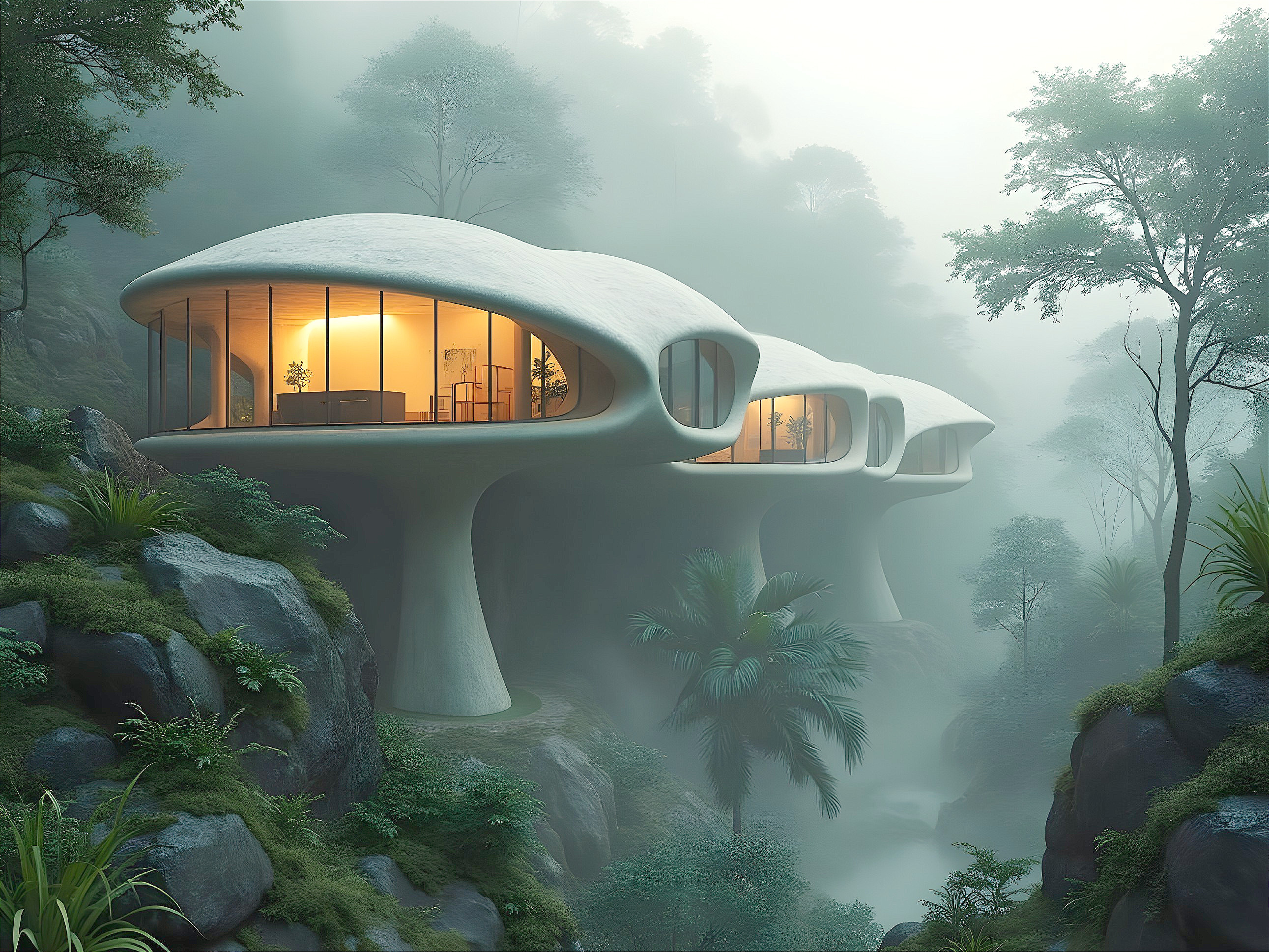 Futuristic Homes on Stilts Amidst Lush Greenery