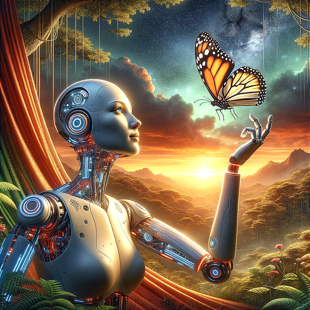 Futuristic robot interacts with butterfly in nature scene