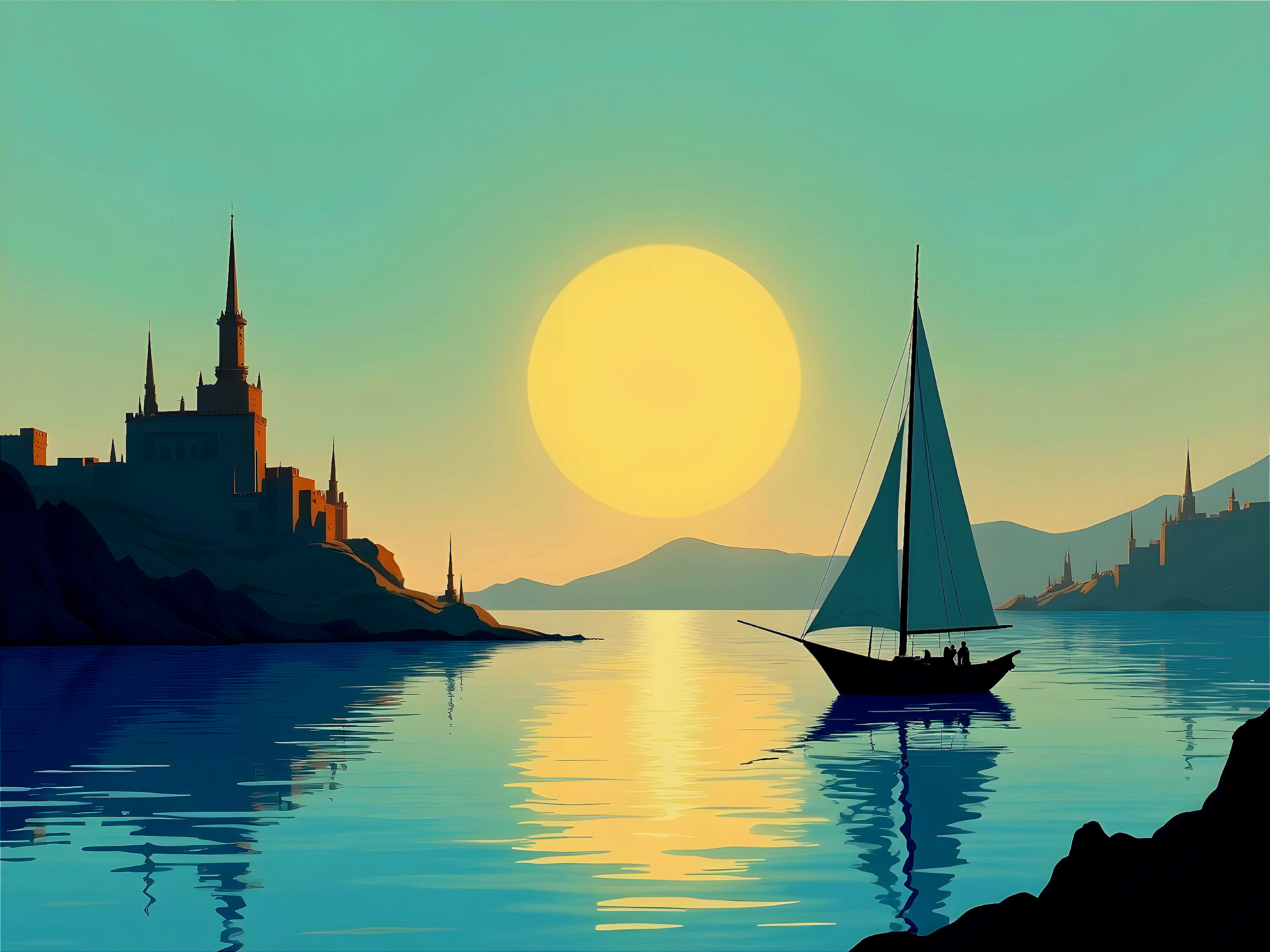 Serene Sunset Over Water with Sailboat and Mountains