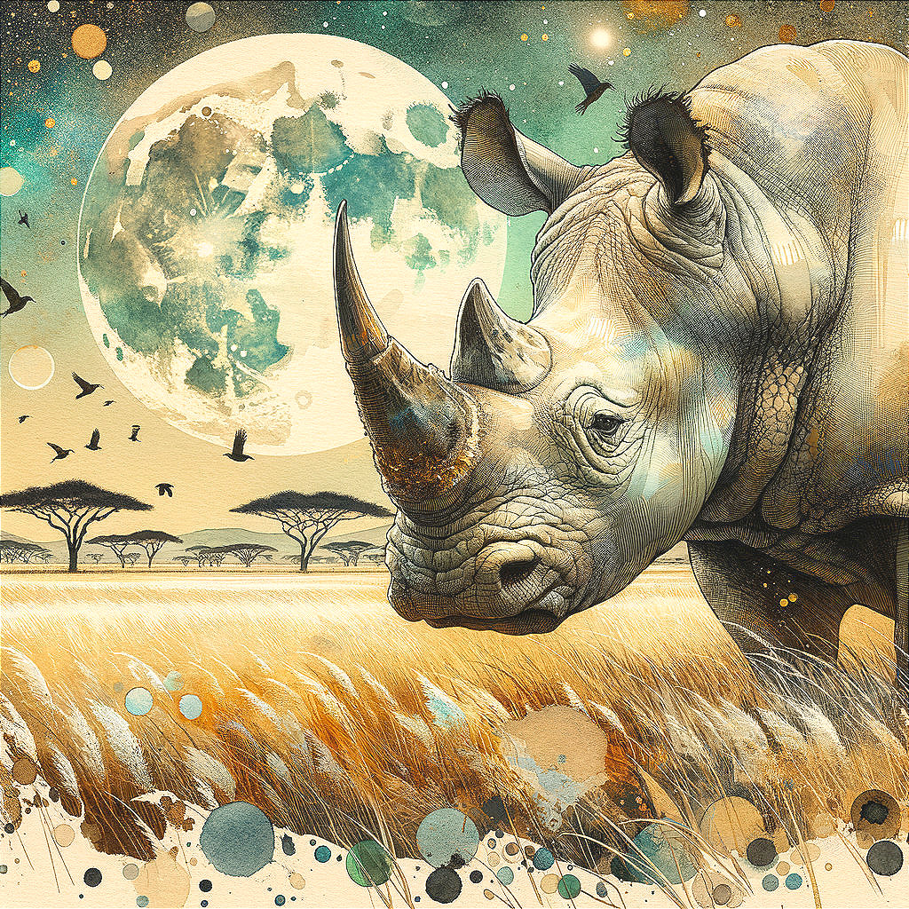 Rhinoceros in a Golden Savanna Under a Full Moon