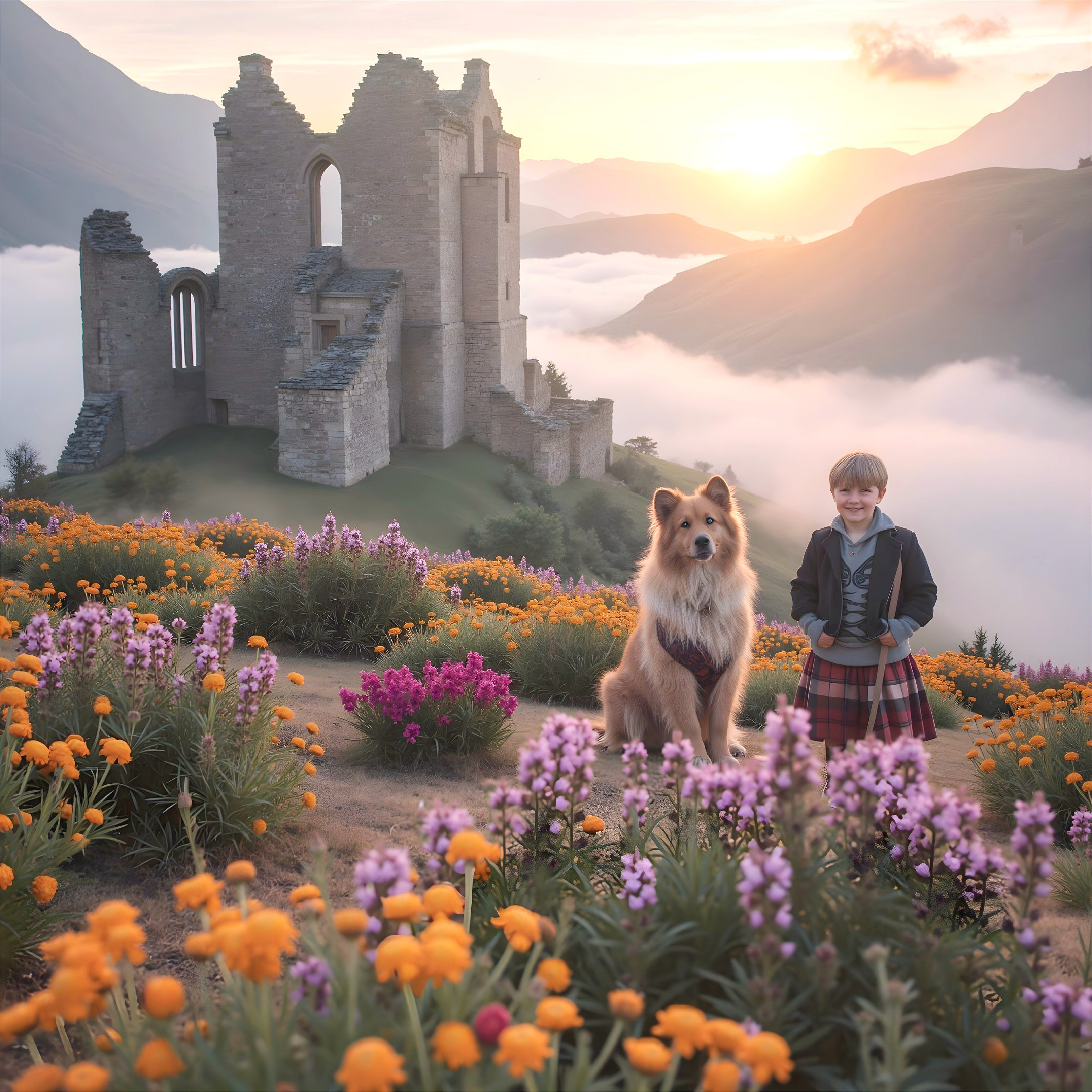Serene landscape with child, dog, flowers, and ruins