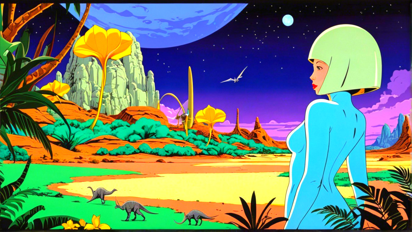 Futuristic landscape with woman in blue suit and dinosaurs