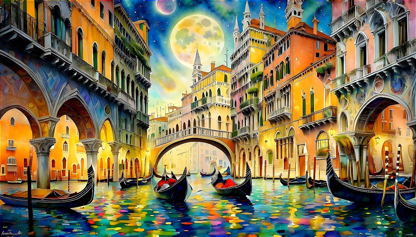 Serene Venetian Canal Scene at Night with Gondolas