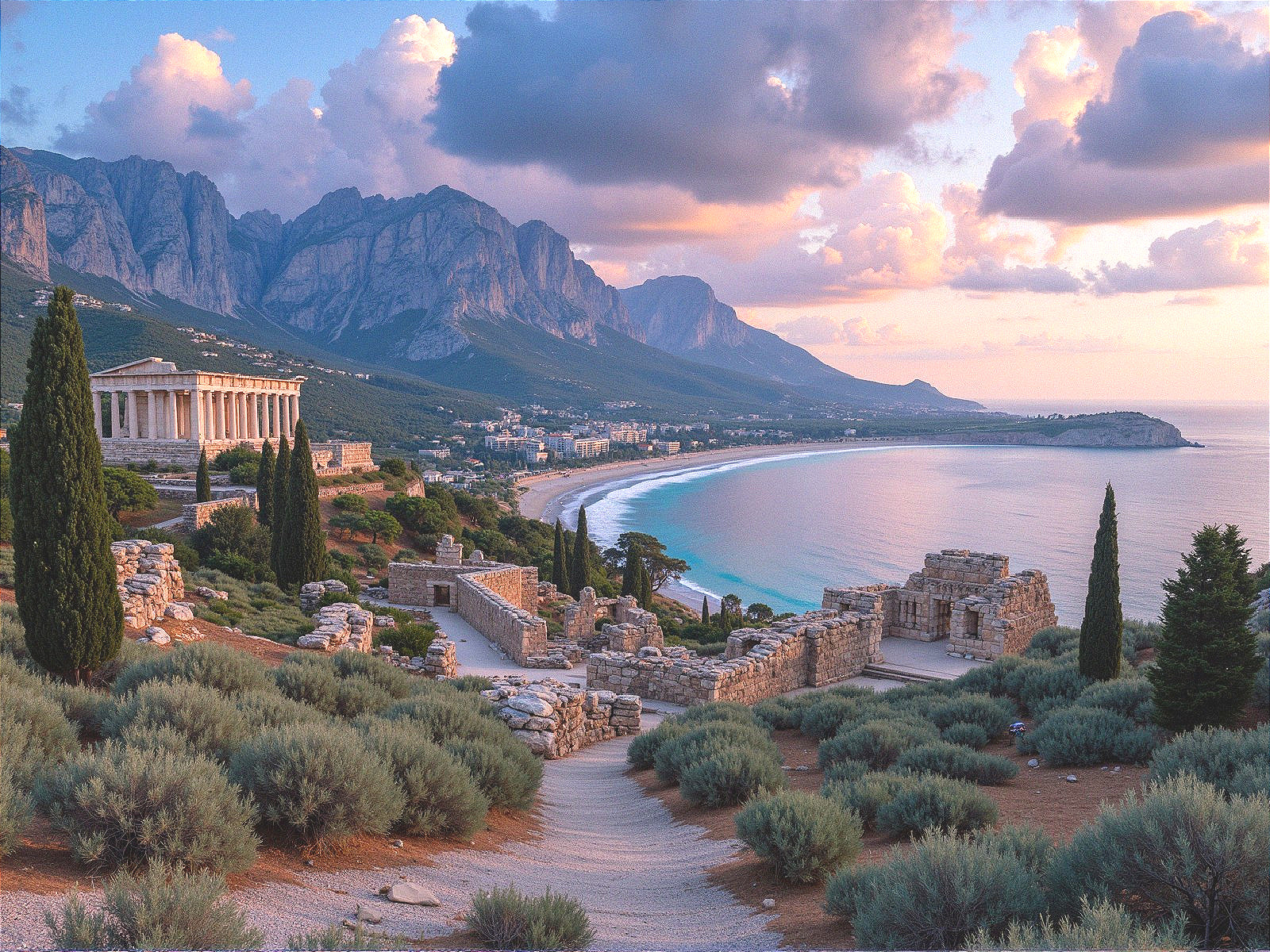 Coastal Landscape with Ancient Ruins and Temple