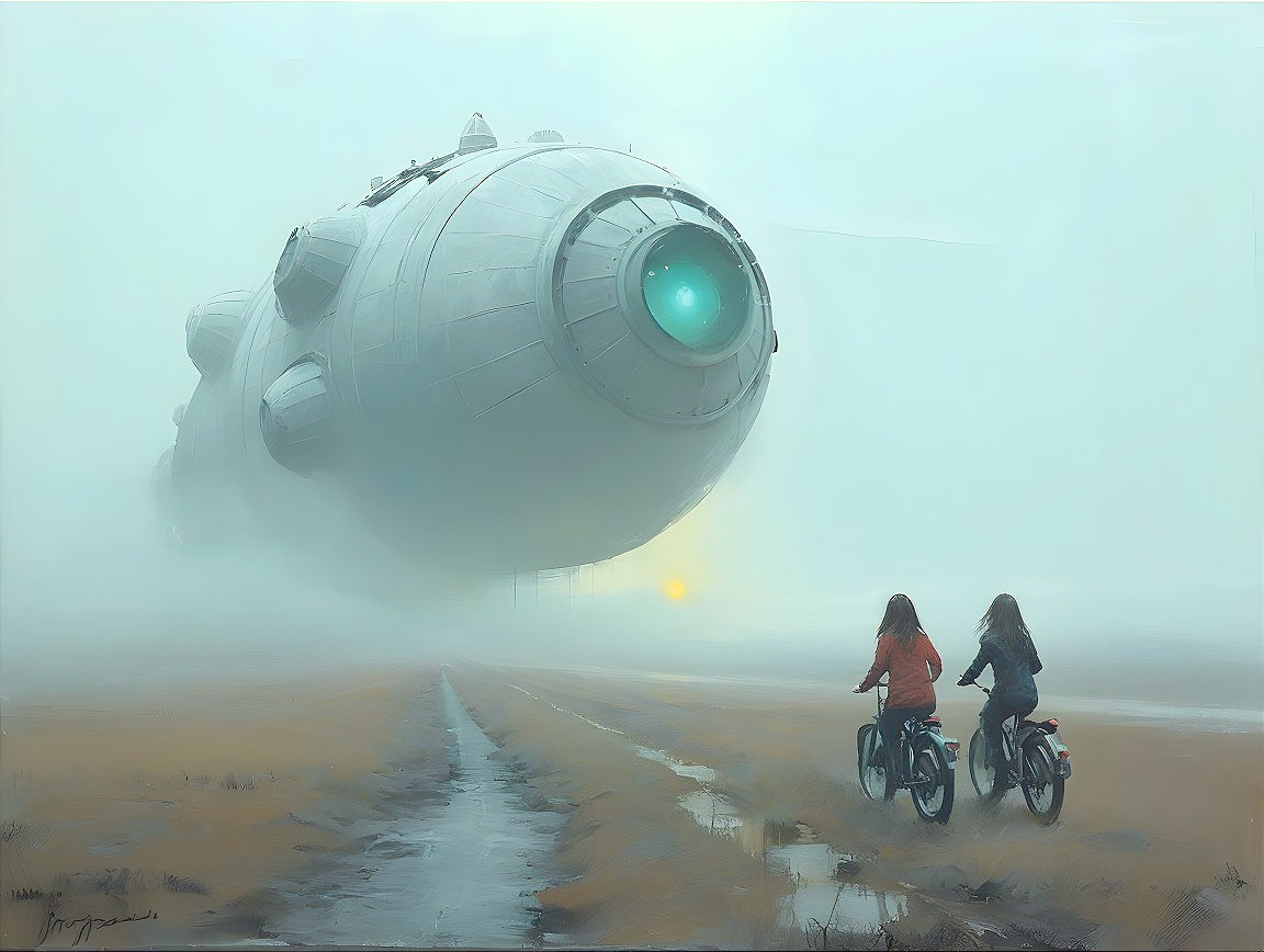 Futuristic spacecraft over misty landscape with cyclists
