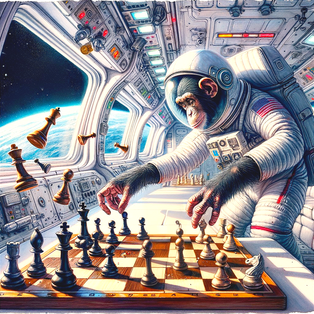 Astronaut Chimpanzee Playing Chess in Spacecraft