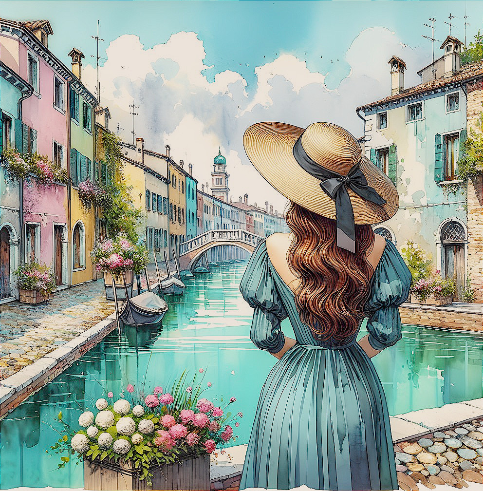 Woman in Straw Hat by Picturesque Canal Scene