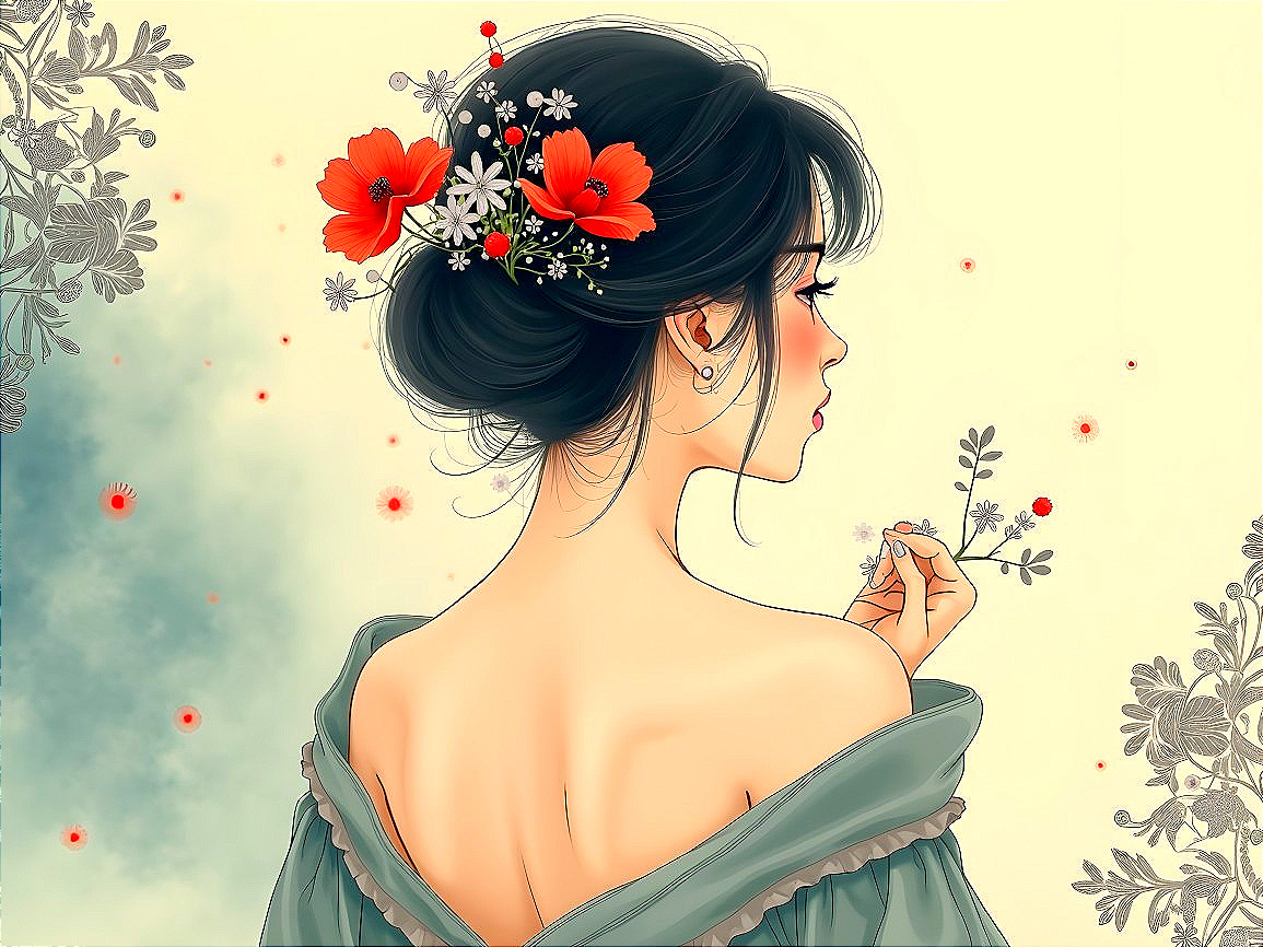 Serene Side Portrait of a Woman with Floral Accents
