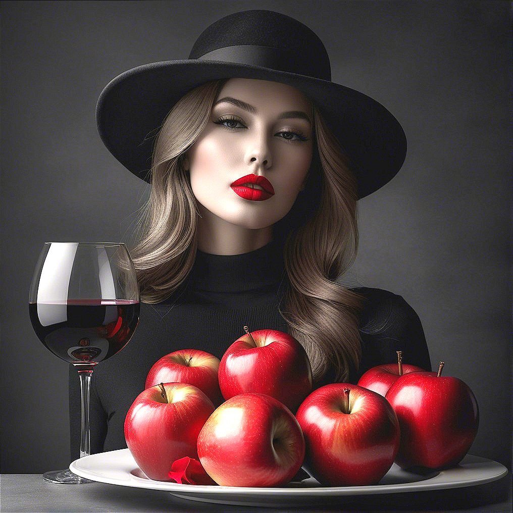 Elegant Woman with Apples and Red Wine on Dark Background
