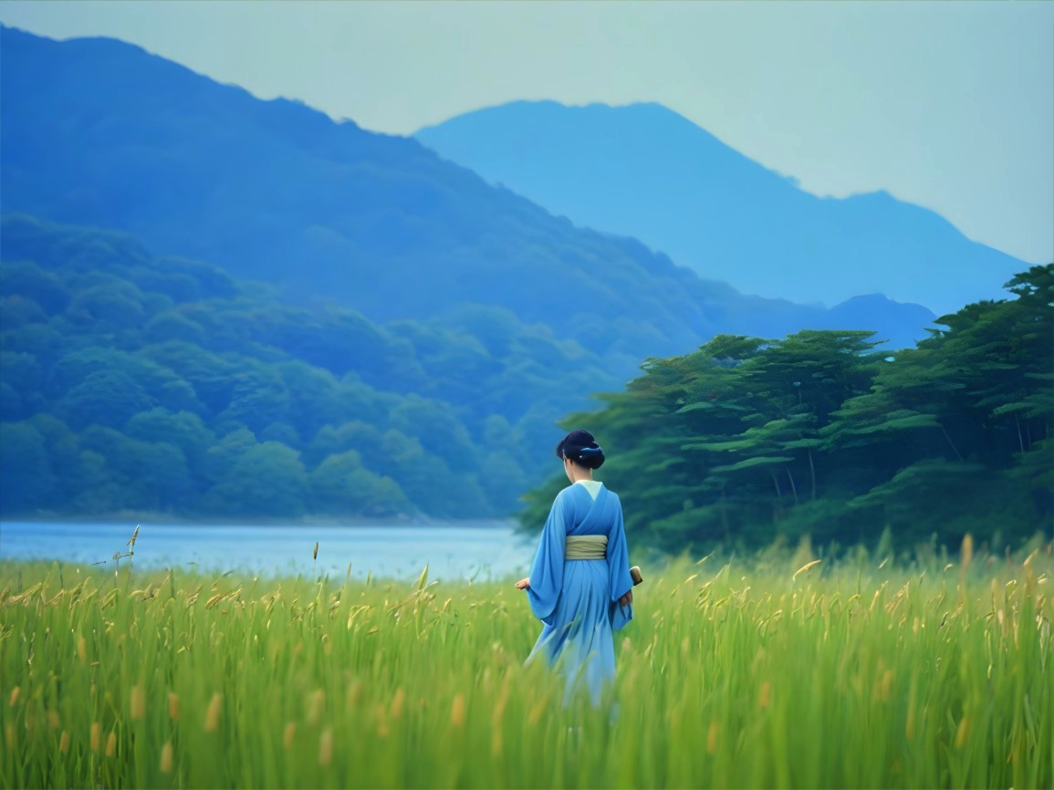 Serene landscape with figure in blue garment and mountains