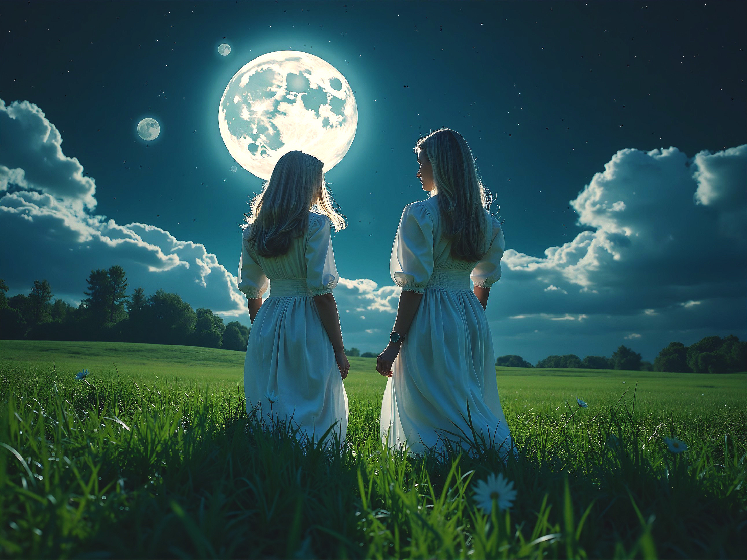 Figures in White Dresses Under Starry Night Sky