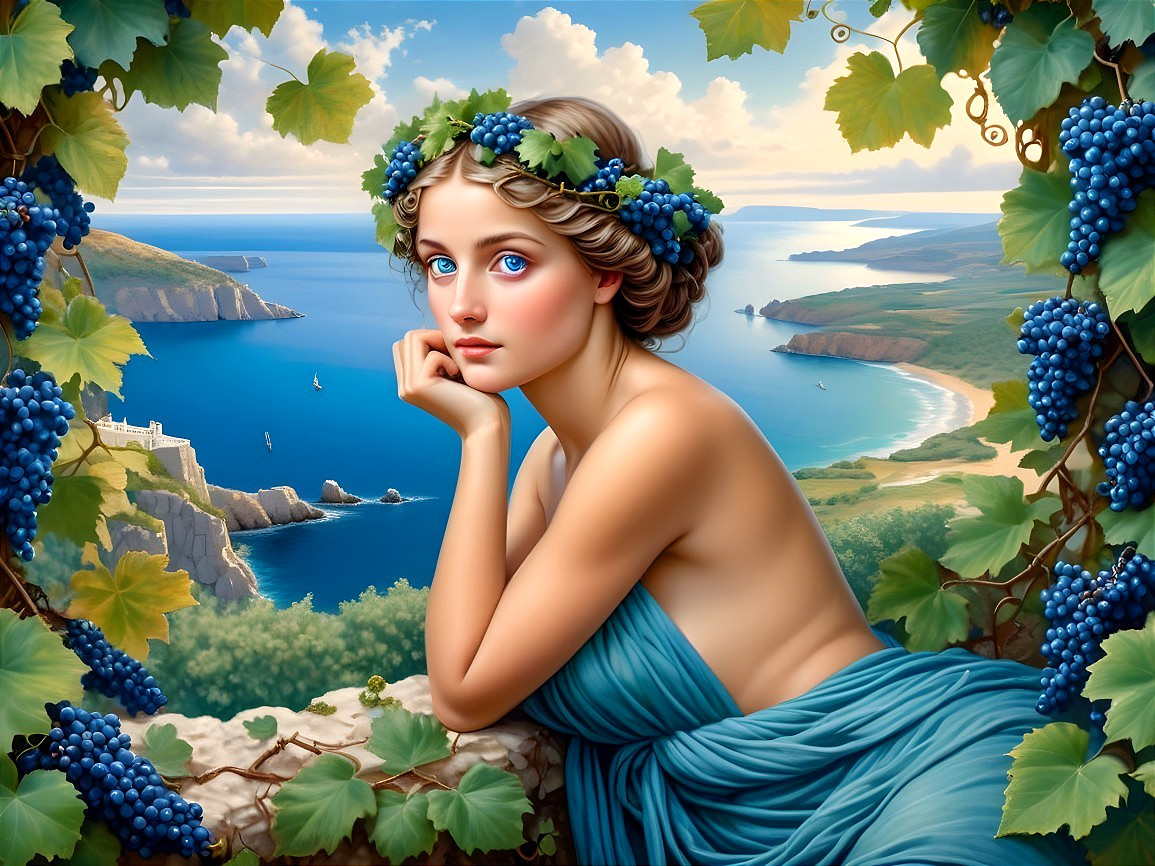 Serene Figure with Grapes Against Coastal Landscape