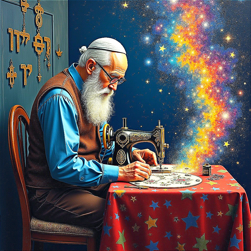 Elderly man sewing at vintage machine under galaxy