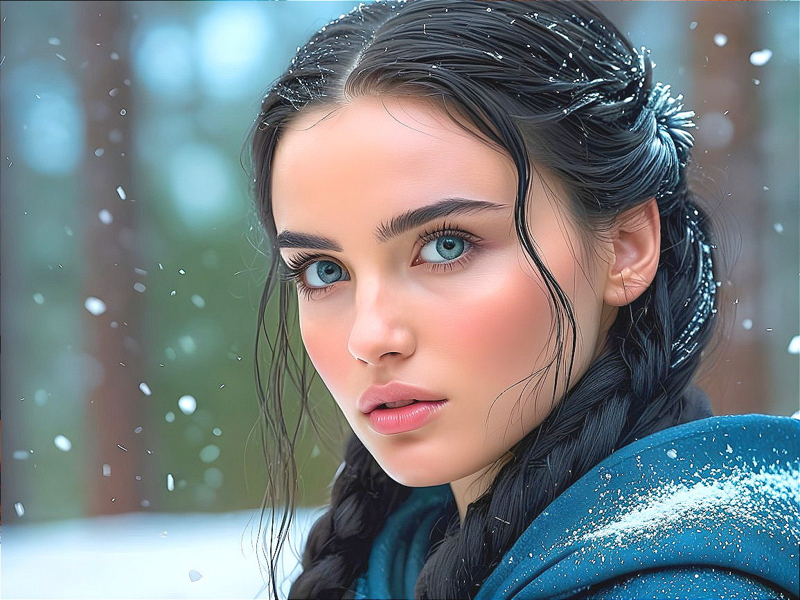 Young woman with blue eyes in snowy forest setting