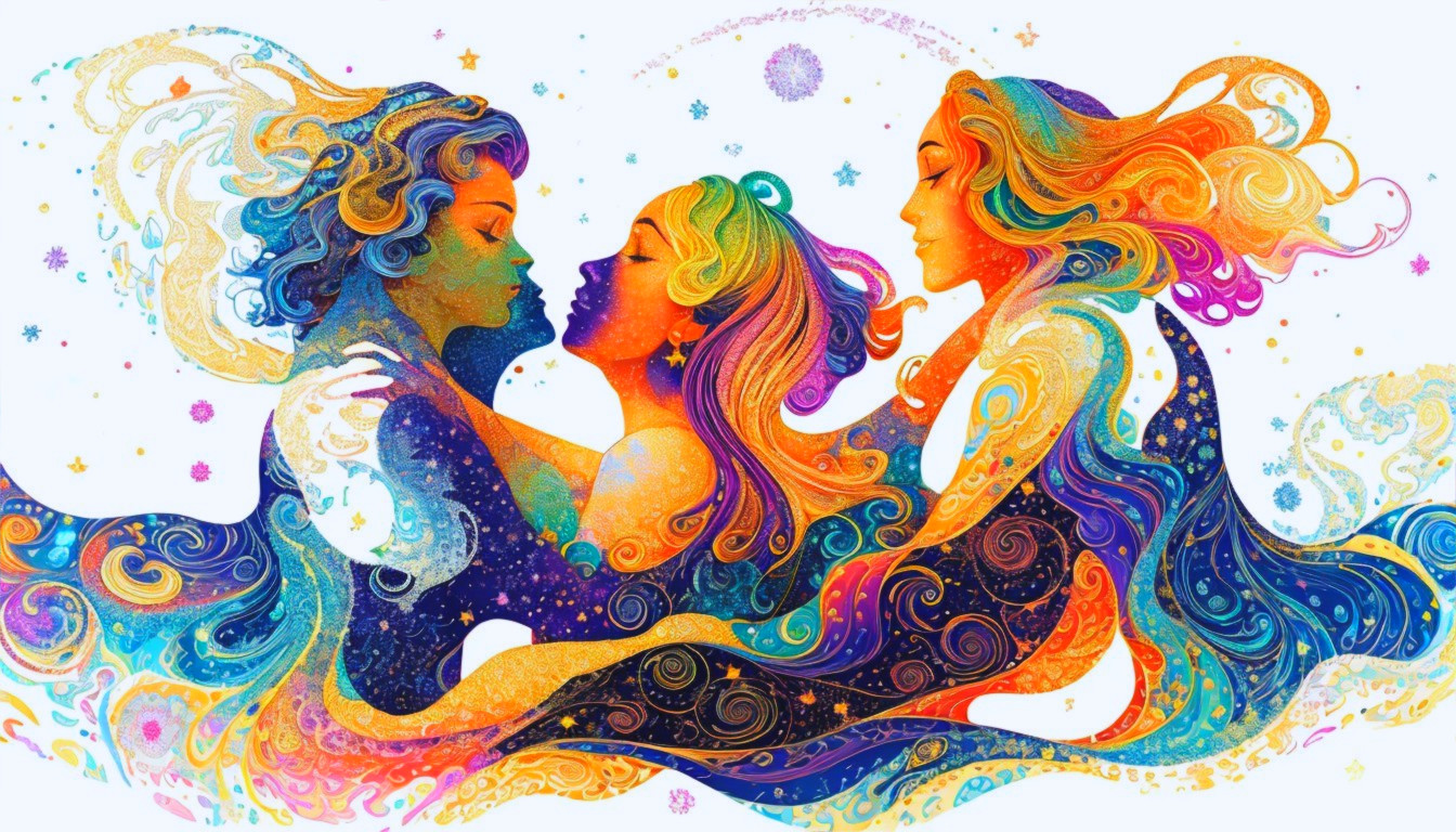 Psychedelic Illustration of Intertwined Ethereal Figures